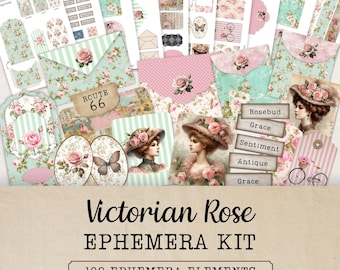 Zestaw wiktoriańskich róż, zestaw do dziennika śmieci, drukowane vintage'owe efemerydy, kwiatowy styl shabby chic, tagi z dodatkami, pobieranie cyfrowe, JJ316