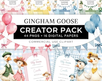 Paquete de imágenes prediseñadas de gansos graciosos en acuarela, paquete de creadores de gansos lindos para invitaciones de baby shower y cumpleaños infantiles, uso comercial, CA6