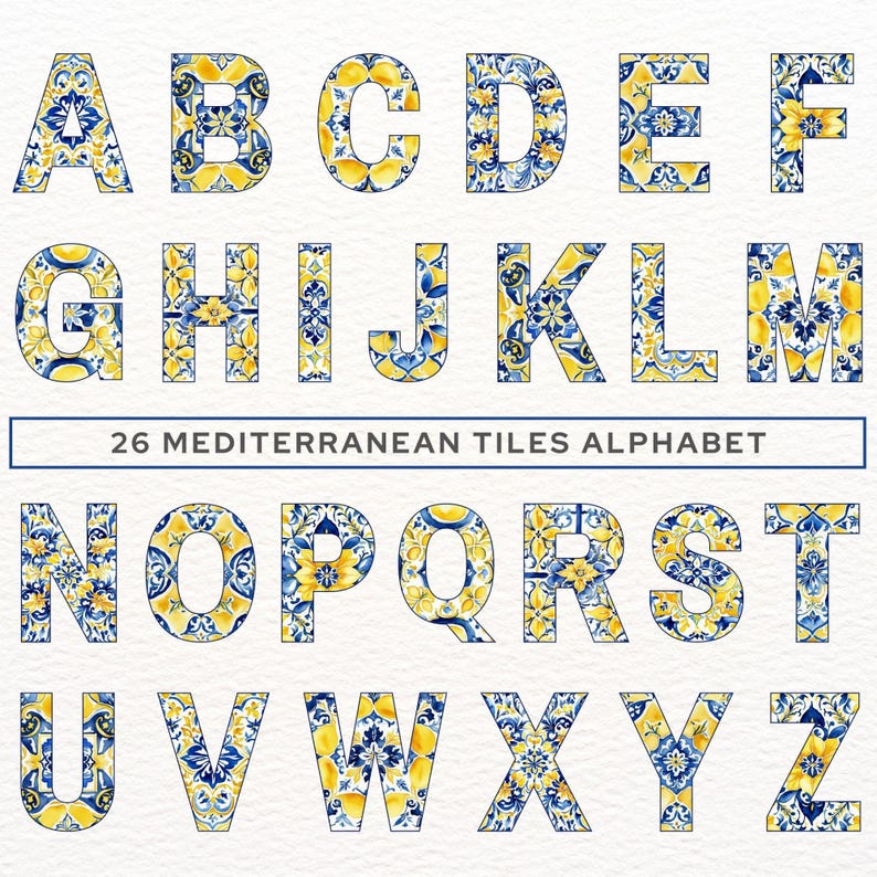 Mediterranean Tiles Alphabet Clipart, Watercolor Blue and Yellow ...