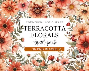 Clipart floral en terre cuite, bouquet de fleurs d'automne aquarelle PNG, Arrangement de fleurs d'automne mariage Boho, usage commercial, CA8