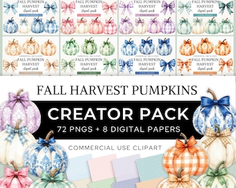 Paquete de imágenes prediseñadas de otoño para crear manualidades, con coloridos gráficos de calabazas y lazos, y papeles de fondo a juego, CA12