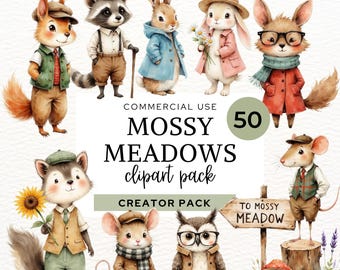 Woodland Animals Clipart Bundle, Watercolor Animal Characters, Cottagecore Forest Friends, Watercolor Bunny Mouse Fox Owl Raccoon Graphics.