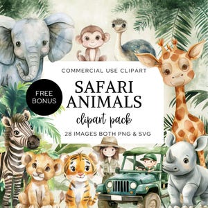 Clipart animaux de safari mignons, aquarelle bébé animaux de la jungle PNG, décoration de chambre d'animaux, clipart de baby shower, décoration de fête d'anniversaire pour enfants SVG.