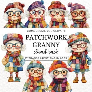 Patchwork Grannies Clipart, Grannie Clip Art, Funny Granny, Old Lady, Senior Ladies Clipart Bundle, Cute Grandma, Watercolor Grannys Png