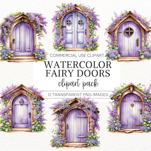 Clipart PNG de portes de fée, porte de maison de fée floral violet, fées de journal numérique indésirable, jardin féerique magique, images de scrapbooking enchanté.