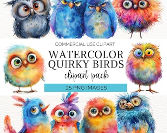 Quirky Bird Clipart, Funny Birds PNG for Card Making and Sublimation, Watercolor Bird Graphics, Digital Download for Commercial Use. CA2