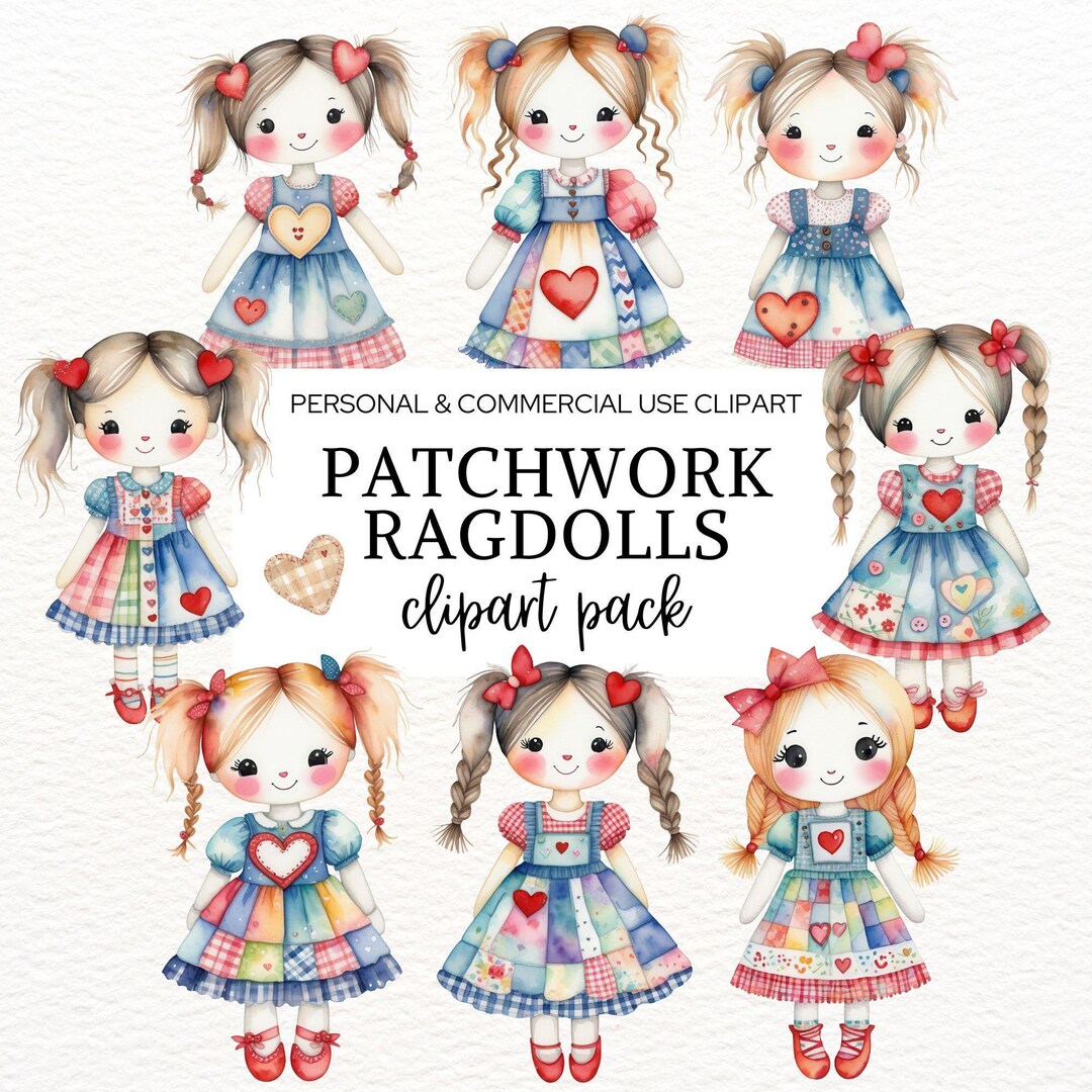 Patchwork Ragdoll Watercolor Patchwork Ragdolls Clipart, Rag Doll Junk Journal PNG ...