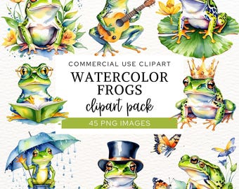 May include: A digital collection of watercolor frog illustrations featuring various scenes including a frog playing a guitar, wearing a crown, reading a book, wearing a top hat, and holding an umbrella. Text reads: COMMERCIAL USE CLIPART WATERCOLOR FROGS clipart pack 45 PNG IMAGES.