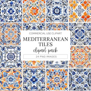 Clipart carreaux méditerranéens, aquarelle bleu marocain et orange, carreaux de céramique azulejos portugais, licence commerciale, téléchargement numérique, CA17.