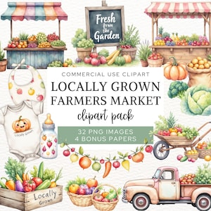 Farmers Market Clipart, Watercolor Vegetable & Fruit PNG, Digital Download for Baby Shower, Commercial Use, CA6.