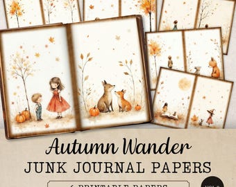 Papeles de diario basura otoñal, efímeras rústicas de otoño, páginas imprimibles de estilo cottagecore, papel digital de paseo otoñal, fondos para álbumes de recortes, JJ324