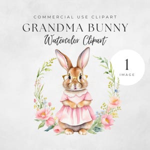 Clipart de coelhinha de vovó aquarela, arte de berçário, coelhinho fofo PNG, coelhinho da Páscoa, decoração infantil, coelho e flores da primavera, uso comercial, CA10-5