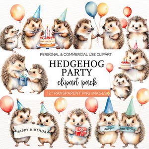 Clipart fête d'anniversaire hérisson, clipart mignon pour faire des cartes d'anniversaire et des invitations, décoration de fête pour enfants à imprimer, décoration de gâteau, album de scrapbooking
