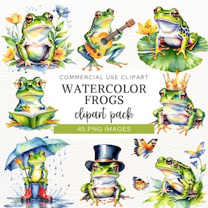 Cute Watercolor Frogs Clipart, Funny Green Frog PNG, Toads Clip Art, Storybook Frog Illustrations.