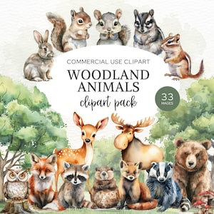 Woodland Animals Clipart, Watercolor Forest Animals, Woodland Nursery Decor, Baby Shower Invitation Clip Art, Digital Download PNG, CA1