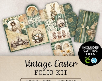 Kit portadocumenti vintage per coniglietti di Pasqua, portadocumenti pieghevole stampabile, design vintage verde e oro, JJ314