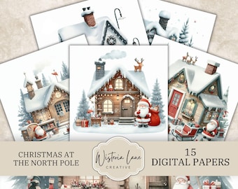 Christmas Digital Papers, Scrapbook Backgrounds, Winter Holidays Printable, Xmas Digital Scrapbook Pages, Santa at North Pole, Card Making.