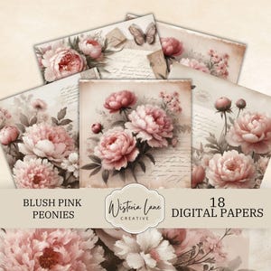 Pink Peony Digital Papers, Blush Pink Peonies Backgrounds, Printable Floral Scrapbook Pages, Flower Junk Journal Ephemera, Dusty Pink, DP06