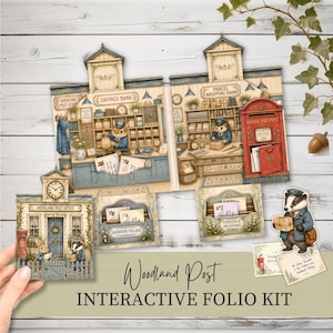 May include: A Woodland Post interactive folio kit featuring die-cut paper elements of a post office, a savings bank, a parcel wrapping room, and a red post box. The set includes illustrated anthropomorphic animals, envelopes, and postcards.