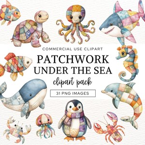 Patchwork Under the Sea Clipart, Watercolor Under Sea Clip Art Bundle, Cute Nursery Ocean Animals, Sea Creatures, Shark Dolphin Whale Turtle