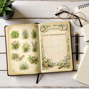 May include: An open journal featuring a planting schedule page with floral borders and illustrations of various plants and gardening tools. The left page displays botanical drawings, while the right page contains a table titled Planting Schedule.
