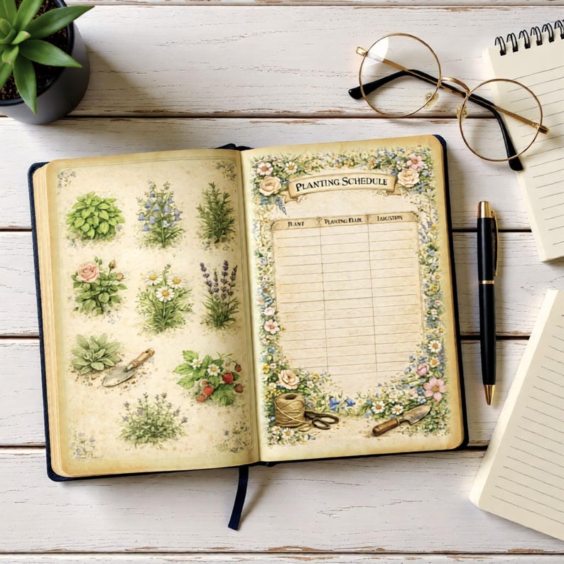 May include: An open journal featuring a planting schedule page with floral borders and illustrations of various plants and gardening tools. The left page displays botanical drawings, while the right page contains a table titled Planting Schedule.