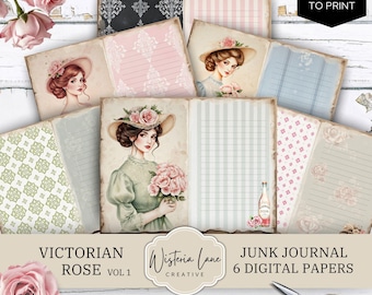 Strony dziennika w stylu wiktoriańskim z motywem róż, drukowane efemerydy, zestaw do tworzenia dziennika w stylu vintage z motywem kwiatowym, cyfrowe papiery do scrapbookingu, artykuły do rękodzieła papierniczego, JJ316