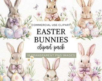 Watercolor Easter Bunny Clipart, Cute Bunnies Eggs & Spring Flowers, Digital Download for Kid's Paper Crafts, Invites and Easter Cards, CA23