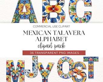 Mexikanische Talavera Alphabet Clipart, Fiesta Doodle Alphabet, mexikanische Schrift Bundle, Cinco de Mayo Art, druckbare Buchstaben und Zahlen, Png.