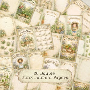 May include: A collection of 20 double junk journal papers featuring vintage-style garden illustrations, floral motifs, seed packet graphics, and lined writing sections with the text 20 Double Junk Journal Papers printed in the center.