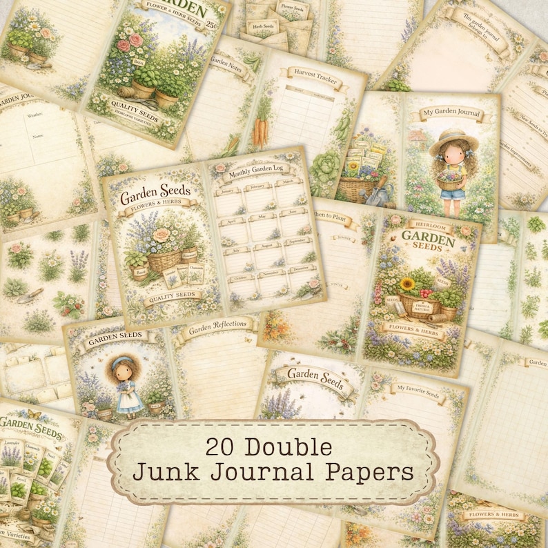 May include: A collection of 20 double junk journal papers featuring vintage-style garden illustrations, floral motifs, seed packet graphics, and lined writing sections with the text 20 Double Junk Journal Papers printed in the center.