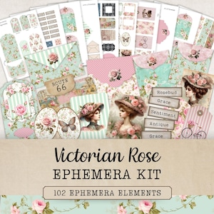 Victorian Rose Ephemera Bundle, Junk Journal Kit, Printable Vintage Ephemera, Floral Shabby Chic, Loaded Tags, Digital Download, JJ316