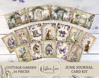 May include: A set of 16 rectangular cards featuring illustrations of cottage garden scenes, including houses, gates, cats, dogs, ducks, rabbits, butterflies, and floral motifs in shades of purple, green, and brown with a vintage paper texture.