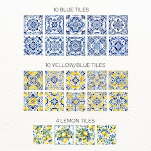 Mediterrane Fliesen, Aquarell Zitronen Clipart, portugiesische Azulejo-Keramikfliesen, marokkanisch, kommerzielle Lizenz, blau-weißes digitales Papier. Bild 2