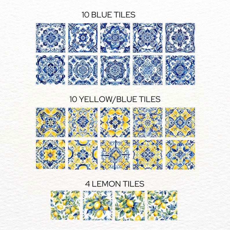 Mediterrane Fliesen, Aquarell Zitronen Clipart, portugiesische Azulejo-Keramikfliesen, marokkanisch, kommerzielle Lizenz, blau-weißes digitales Papier. Bild 2