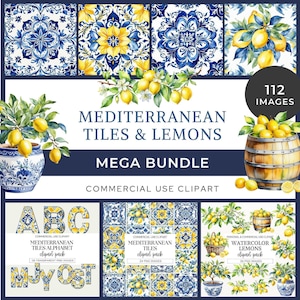 以下が含まれることがあります： 112枚の画像を含む「Mediterranean Tiles & Lemons Mega Bundle」というタイトルのデジタルグラフィックコレクション。青と白の模様のタイル、枝についた黄色いレモン、レモンの入った木樽の水彩画イラストがセットになっています。