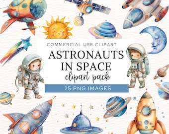 Watercolor Space Clipart Bundle, Cute Astronaut Clipart, Outer Space UFO, Galaxy Illustrations, Rockets Spaceships and Planets Nursery Decor