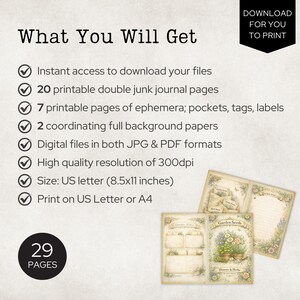 May include: A digital download set featuring 29 printable pages for junk journals, including 20 double pages, 7 pages of ephemera like pockets and tags, and 2 background papers. The files are 300dpi, US letter size 8.5x11 inches, in JPG and PDF formats.
