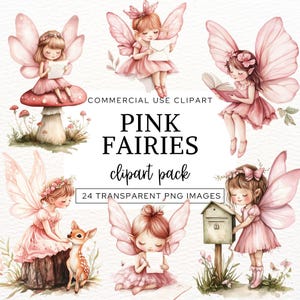Pink Fairy Clipart, Fairy Graphics, Fairy Pictures, Pink Fairy PNG, Fantasy Clip Art, Watercolor Fairies, Fairy Birthday Decor, Paper Crafts