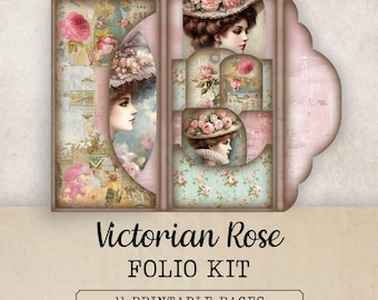 May include: A Victorian Rose Folio Kit featuring 11 printable pages with vintage-style illustrations of women in floral hats, rose patterns, and script text. The kit includes a folded folio structure with pockets containing decorative tags and cards.