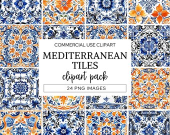 May include: A digital collection of Mediterranean tiles featuring intricate floral and geometric patterns in shades of blue, orange, and white. The central text reads: COMMERCIAL USE CLIPART MEDITERRANEAN TILES clipart pack 24 PNG IMAGES.