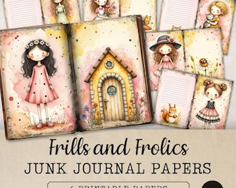 May include: A collection of six printable junk journal papers titled Frills and Frolics Junk Journal Papers Vol 3. The papers feature watercolour illustrations of girls, a small house, flowers, a squirrel, and lined writing sections in soft pastel tones.
