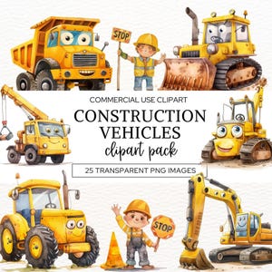 Clipart de veículos de construção, veículos escavadeira e trator em aquarela, PNG para impressão para decoração de festa de aniversário infantil, arte para berçário de meninos.