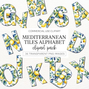 Mediterrane citroenen alfabet clipart, aquarel blauwe en gele letters, Portugese azulejo tegels, lettertype Amalfikust, commercieel gebruik, png PNGEgg