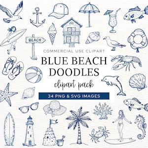 Könnte beinhalten: Eine Sammlung von blauen Tuschezeichnungen mit Strandmotiven, darunter eine Möwe, ein Anker, eine Baseballkappe, ein Sonnenschirm, ein Cocktail, ein Fisch, ein Surfbrett, ein Strand-Schild, ein Eis, ein Haus, eine Muschel, ein Rettungsring, Flip-Flops, ein Ball, ein Hummer, ein Seestern, eine Sonnenbrille, ein Hut, eine Palme, Korallen, ein Leuchtturm, eine Sandburg, eine Krabbe und ein Seepferdchen.