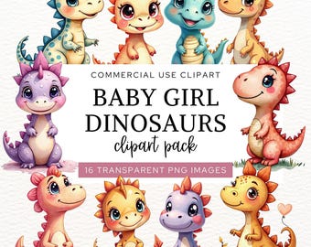 Clipart di dinosauri per bambini, simpatica grafica acquerello di dinosauri per baby shower, arte per la cameretta dei bambini, decorazioni per feste di compleanno per bambine, materiale per lavoretti, CA6