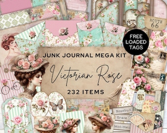 Zestaw Meg do dziennika Victorian Rose Junk, strony do cyfrowego kolażu w stylu shabby chic, folio z motywami kwiatowymi, pamiątki vintage, papier do scrapbookingu do druku, JJ316