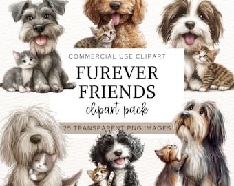 Dog and Cat Best Friends Clipart, Friendship Clip Art Bundle, Watercolor Cute Dogs and Cats, Junk Journaling, Scrapbooking, Card Making.