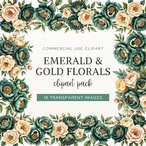 Smaragd grün und Gold Blumen Clipart, Aquarell Pfingstrosen Clip Art, Vintage Blumen, Blumenrahmen, Hochzeit Blumenstrauß, Scrapbooking PNG