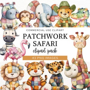 Könnte beinhalten: Eine digitale Sammlung von Patchwork-Safari-Tierillustrationen mit Flusspferd, Affe, Elefant, Bär, Krokodil, Zebra, Flamingo, Löwe, Tiger, Leopard, Giraffe und Nashorn. Text: COMMERCIAL USE CLIPART PATCHWORK SAFARI clipart pack 43 PNG IMAGES.